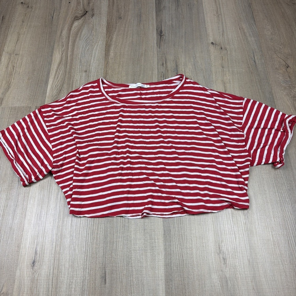 Altar'd State Striped Crop Top XS Red White Raw Hem Boxy Stretch Tee‎ Casual